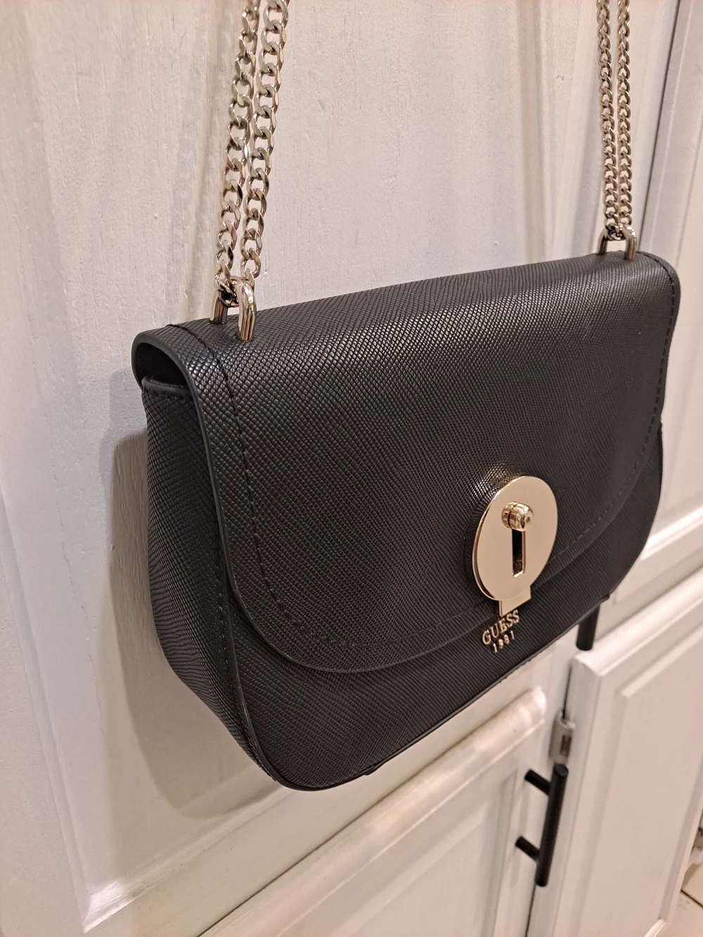 GUESS 1981 Augustina Black Saffiano Curved Flap Oversized Crossbody Bag